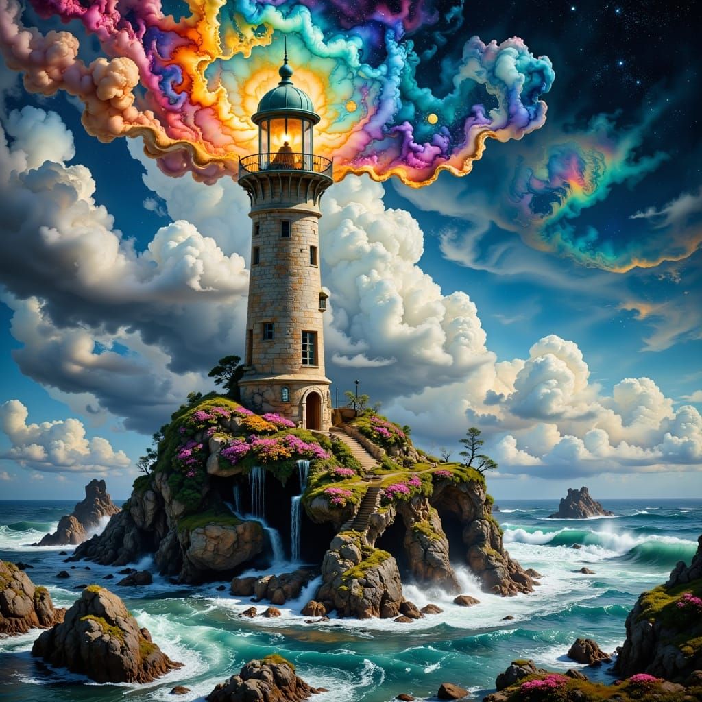 A gorgeous elaborate lighthouse stands on a large rock in th...