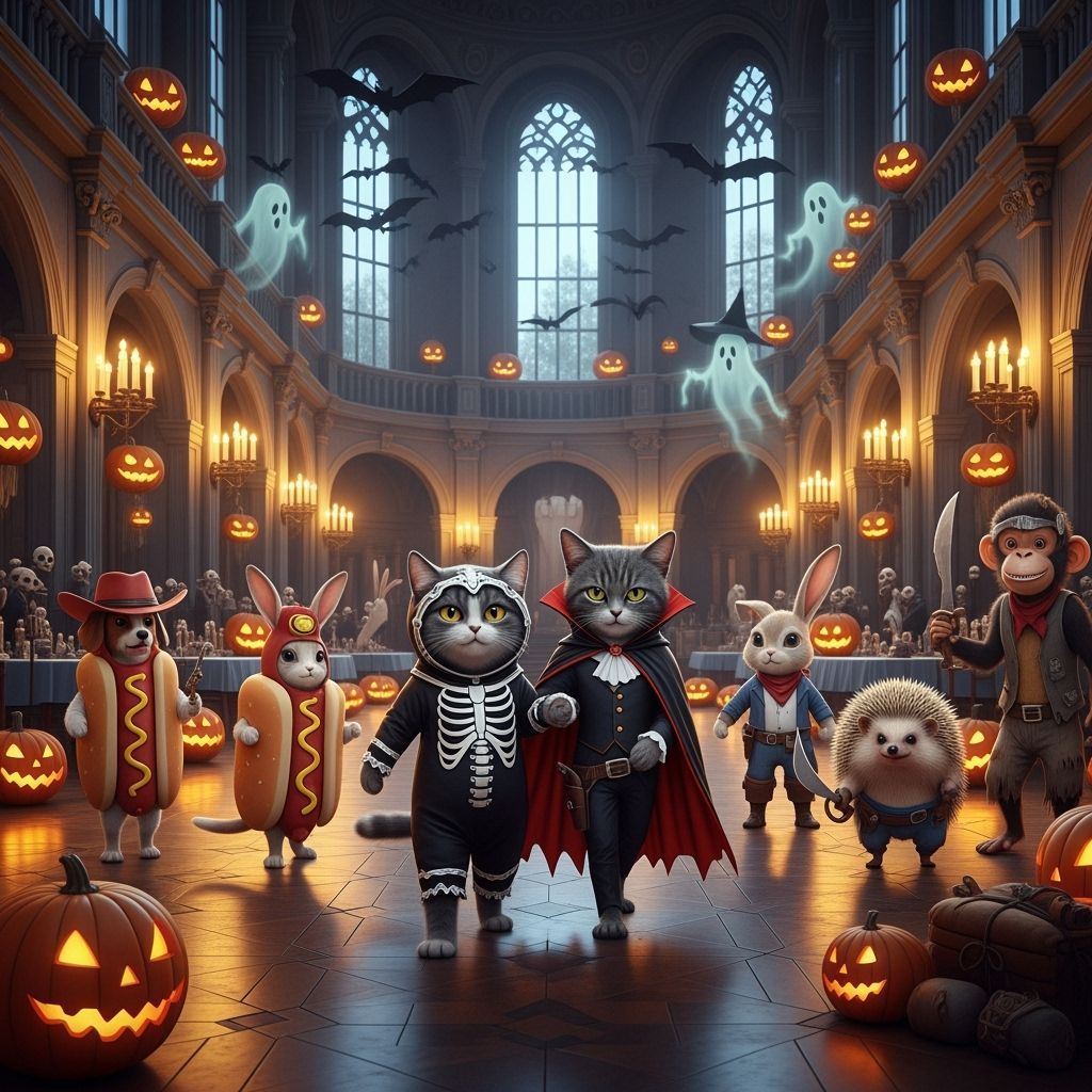 Whimsical Animal Masquerade in Haunted Ballroom