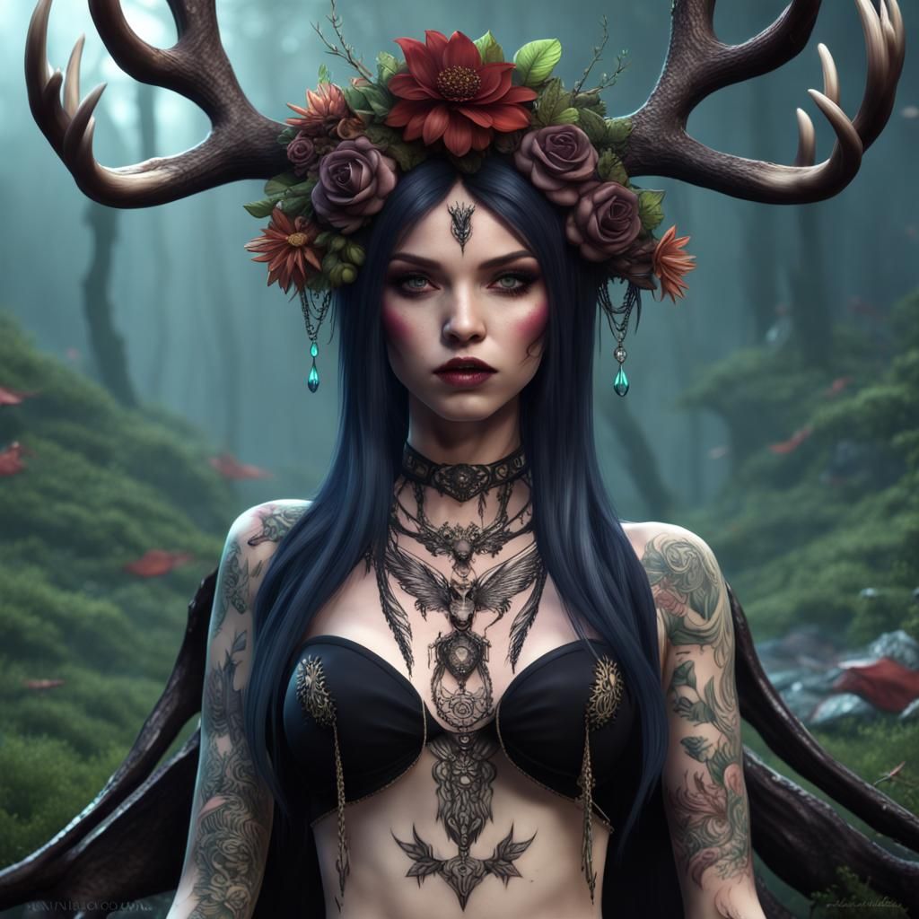 Gothic Tattooed Girl with Antlers and Wings