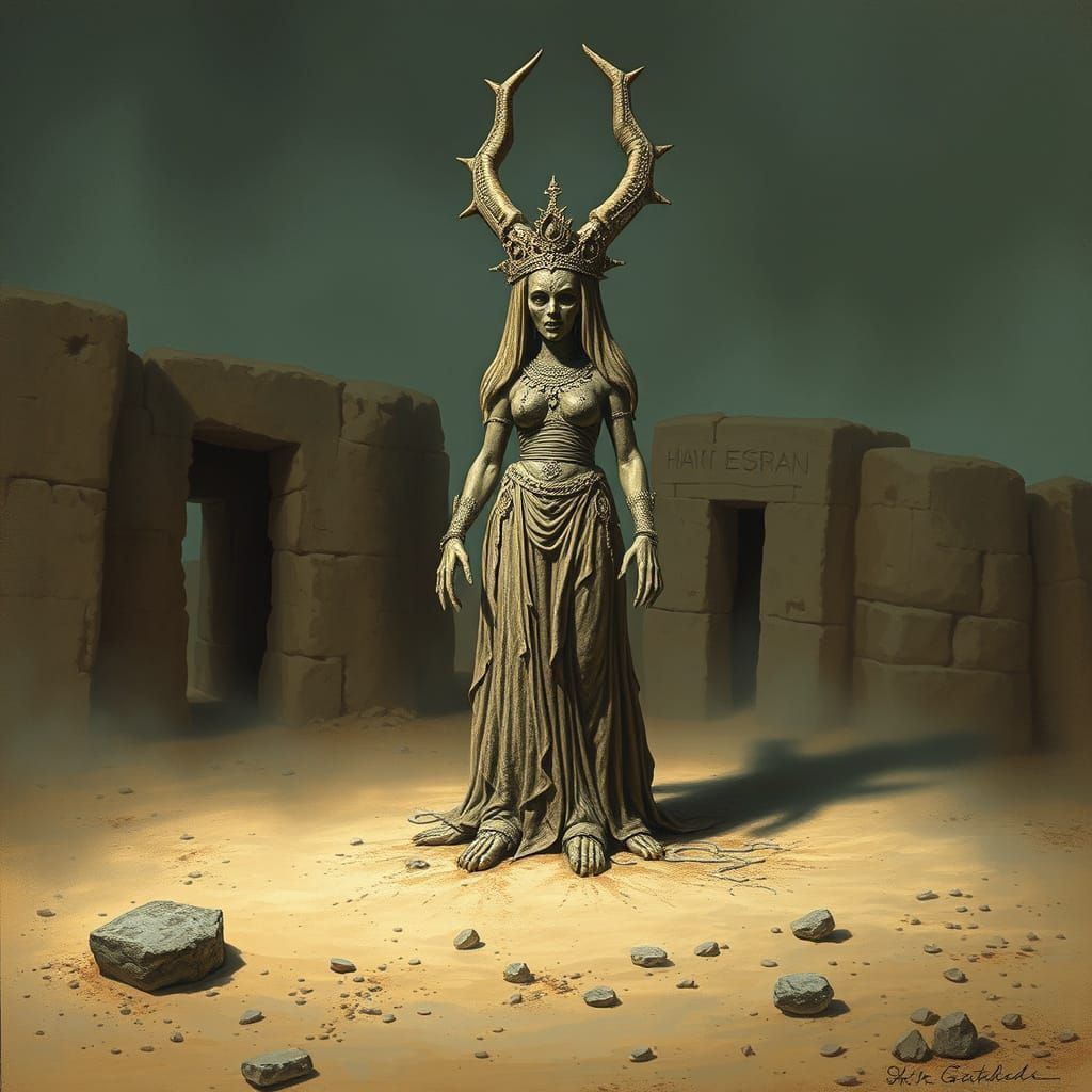 Cursed Death Goddess Figurine in Desert Ruins
