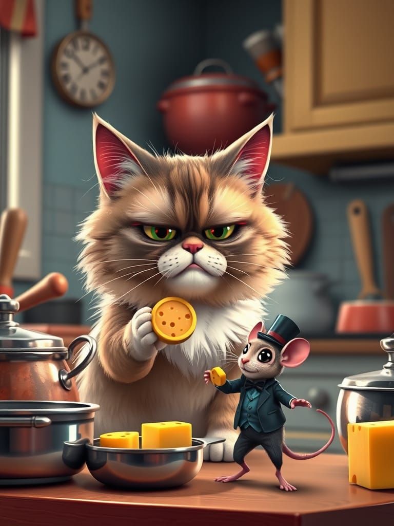 Comical Kitchen Confrontation in Whimsical 3D Style