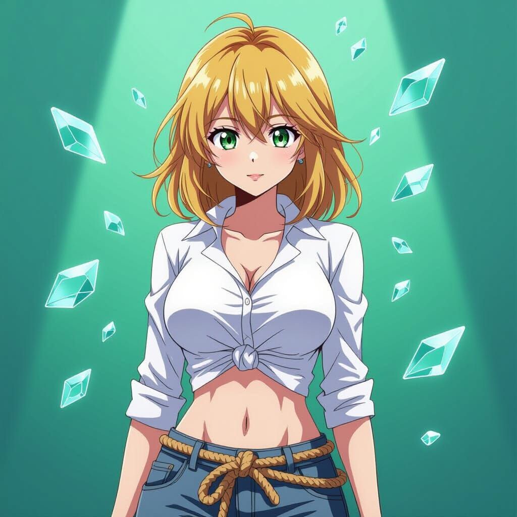 Anime Girl with Floating Glass Shards, Cel-Shaded Style