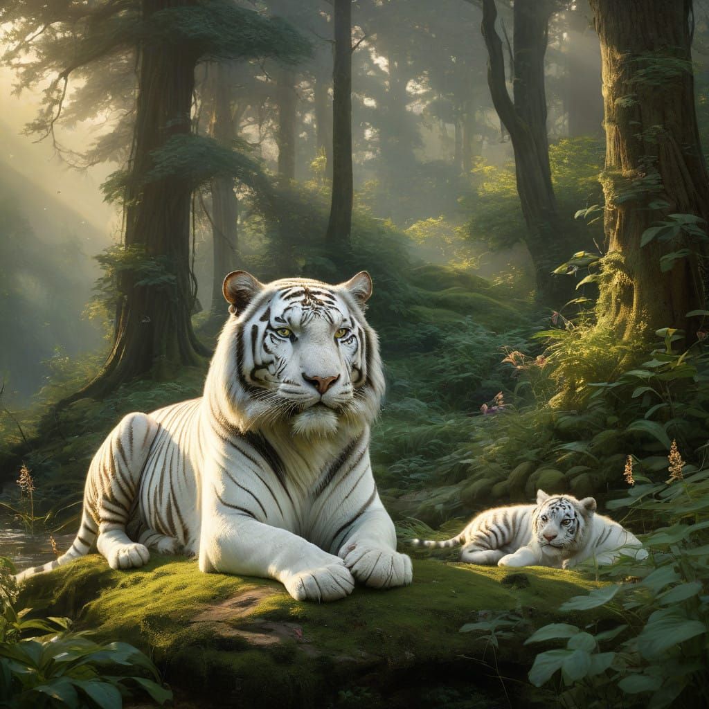 Regal White Tiger Family in Vibrant Forest
