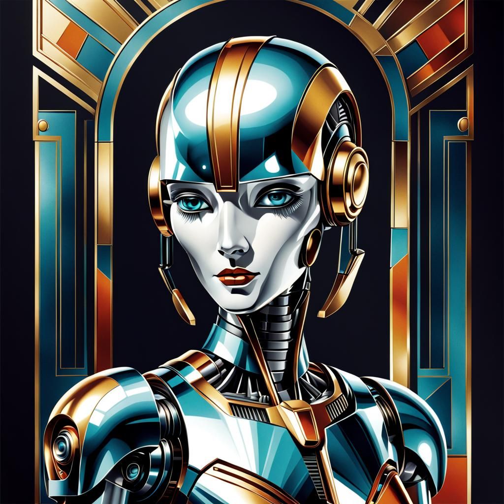 Art Deco Robot Illustration in Metallic Colors