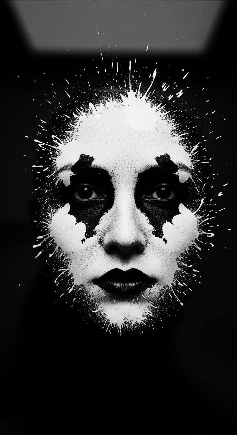 Monochrome Survivor Portrait with Ink Splatters