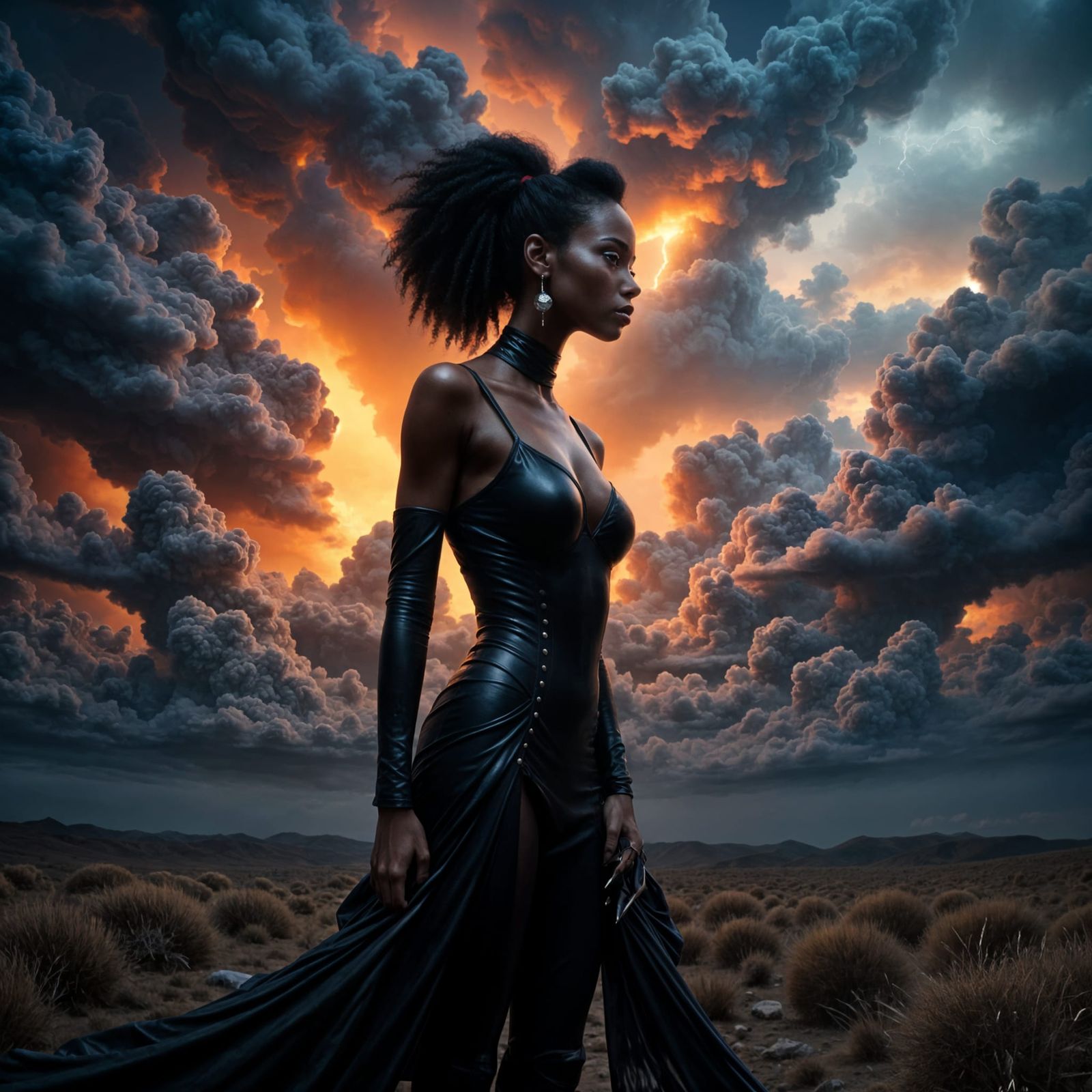 Femme Fatale in a Mystical Stormscape