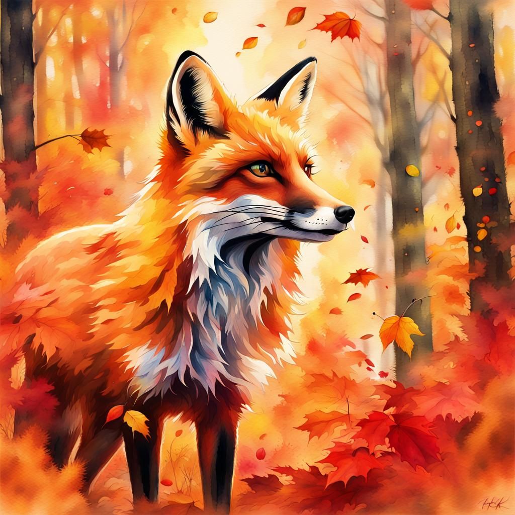 Red Fox in Swirling Autumn Watercolor Forest