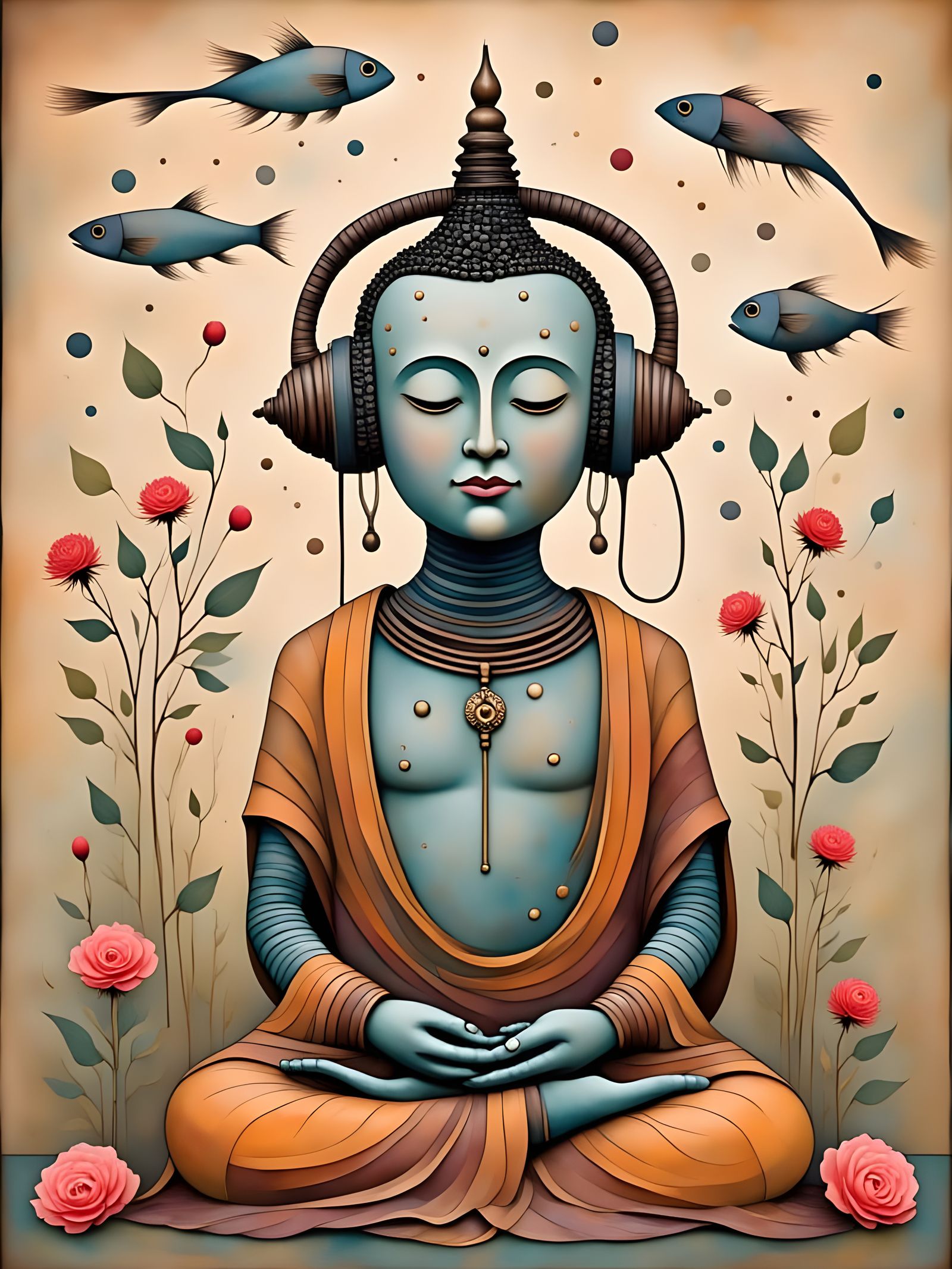 Steampunk Robot Buddha in Surreal Retro-Futuristic Style