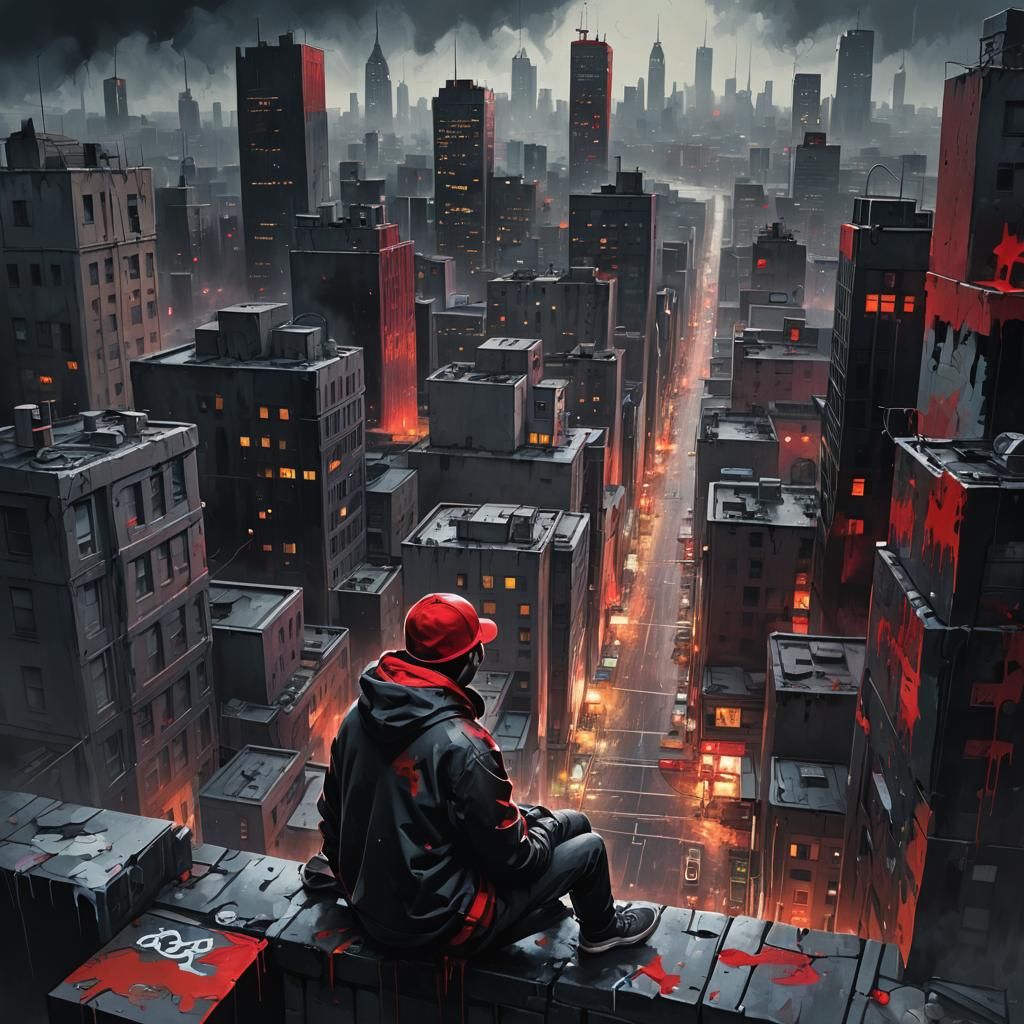 Dark Cityscape Graffiti Art with Gloomy Vibe