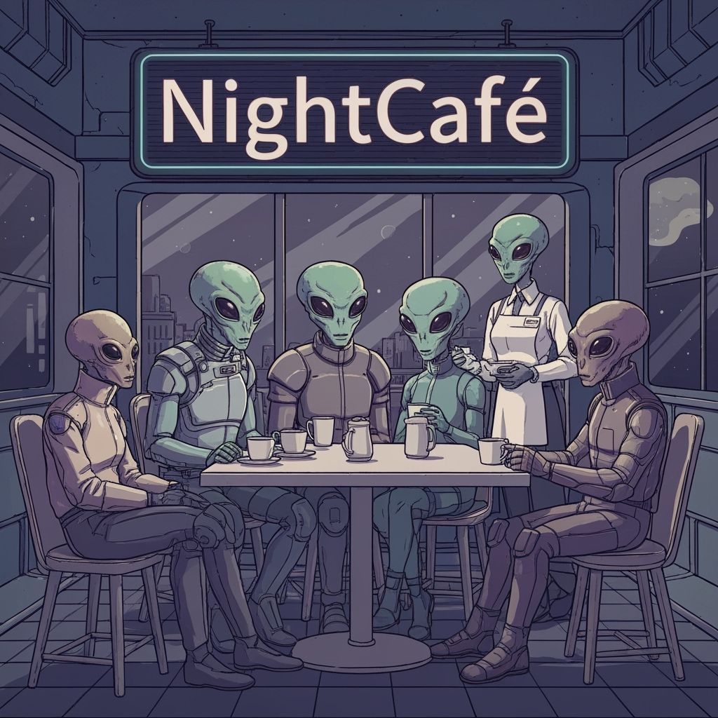 Cosmic Cafe Scene with Diverse Aliens