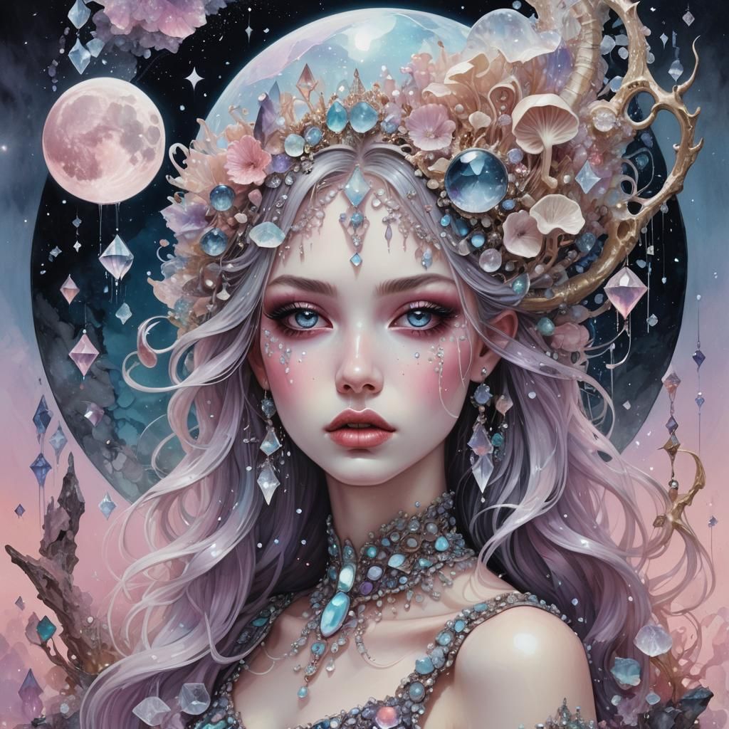 Crystal Girl with Glowing Runes in Pastel Goth