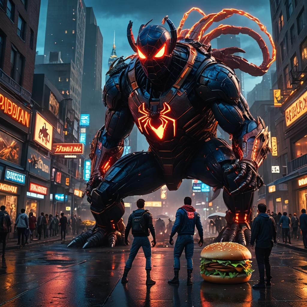 Spiderman vs Hamburger Robot Godzilla in City Square
