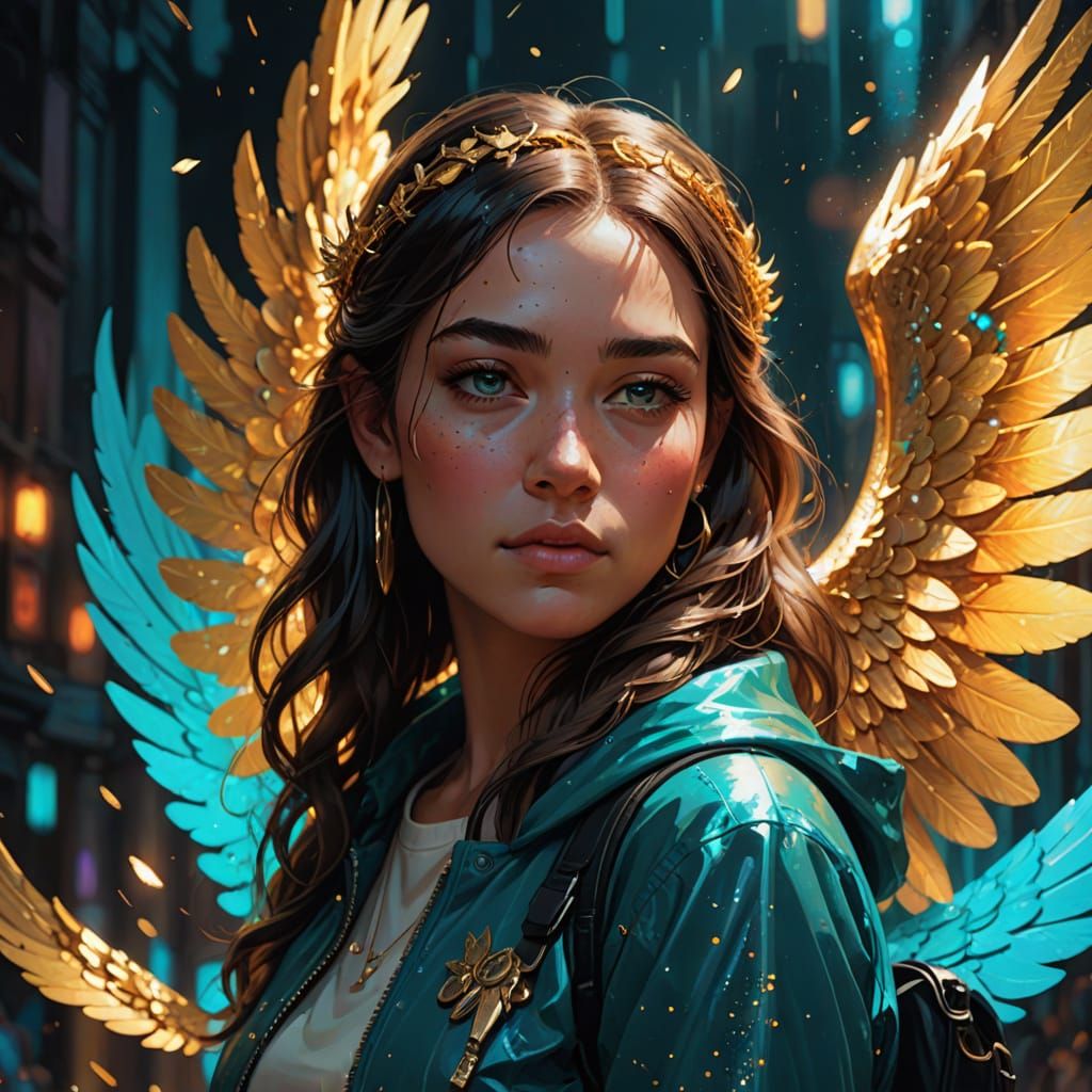 A young girl in a wheelchair with gold angel wings and on th...
