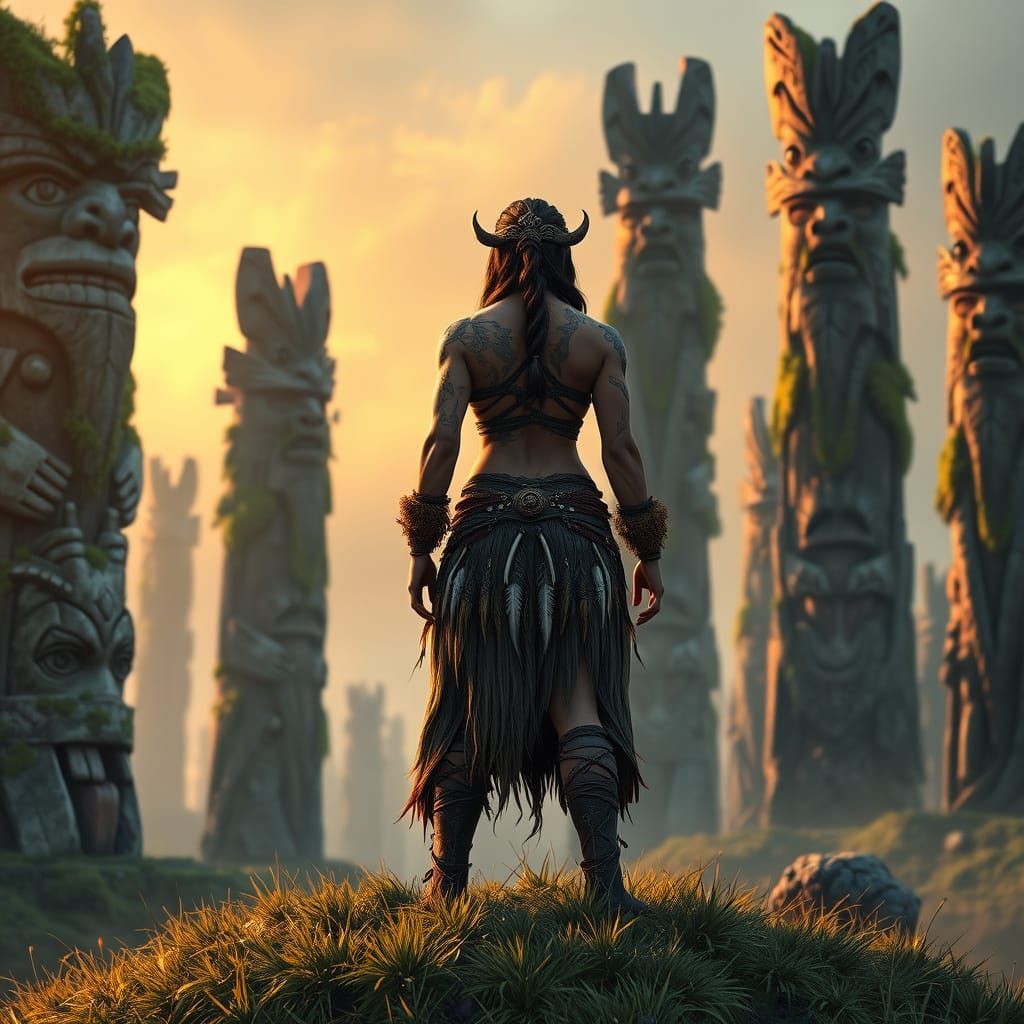 Muscular Tauren Woman in Ancient Grassland with Totems, in a...