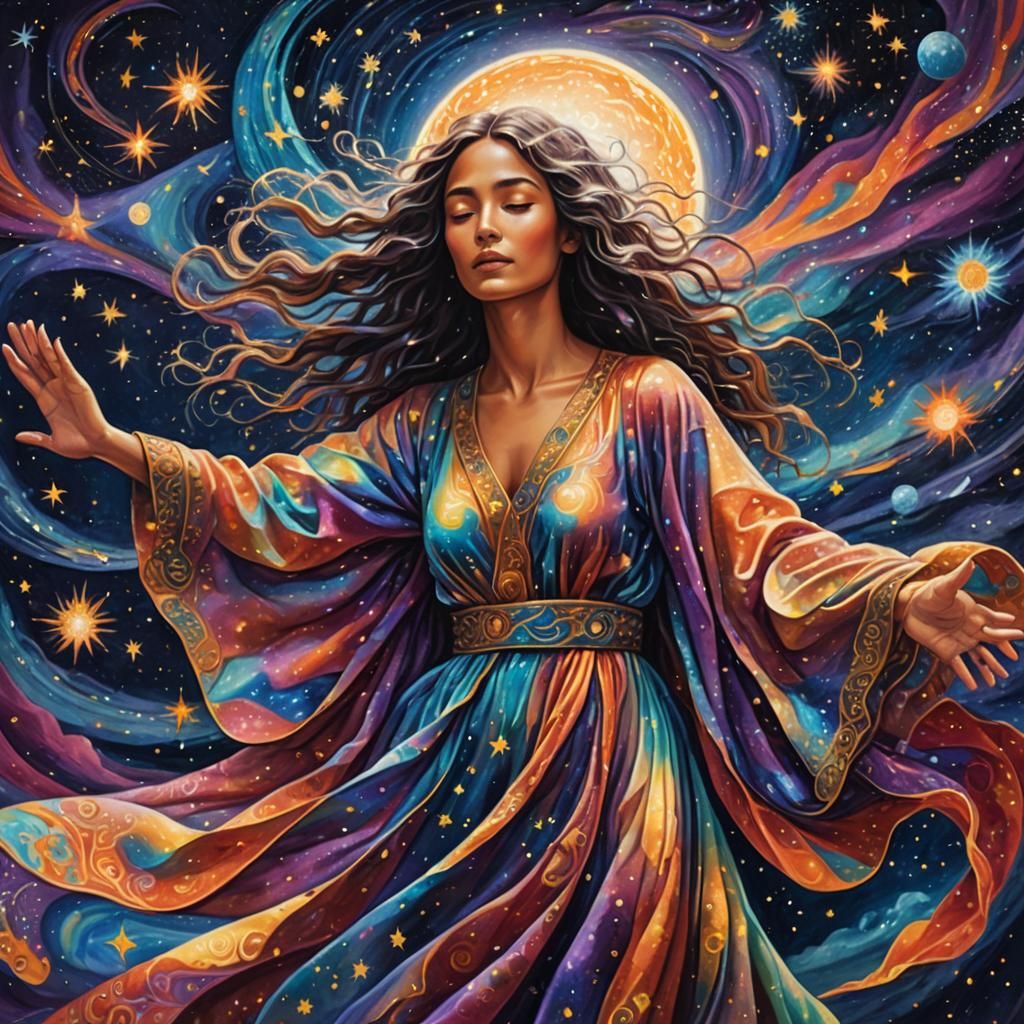Woman in Flowing Robes Amidst Starry Cosmos