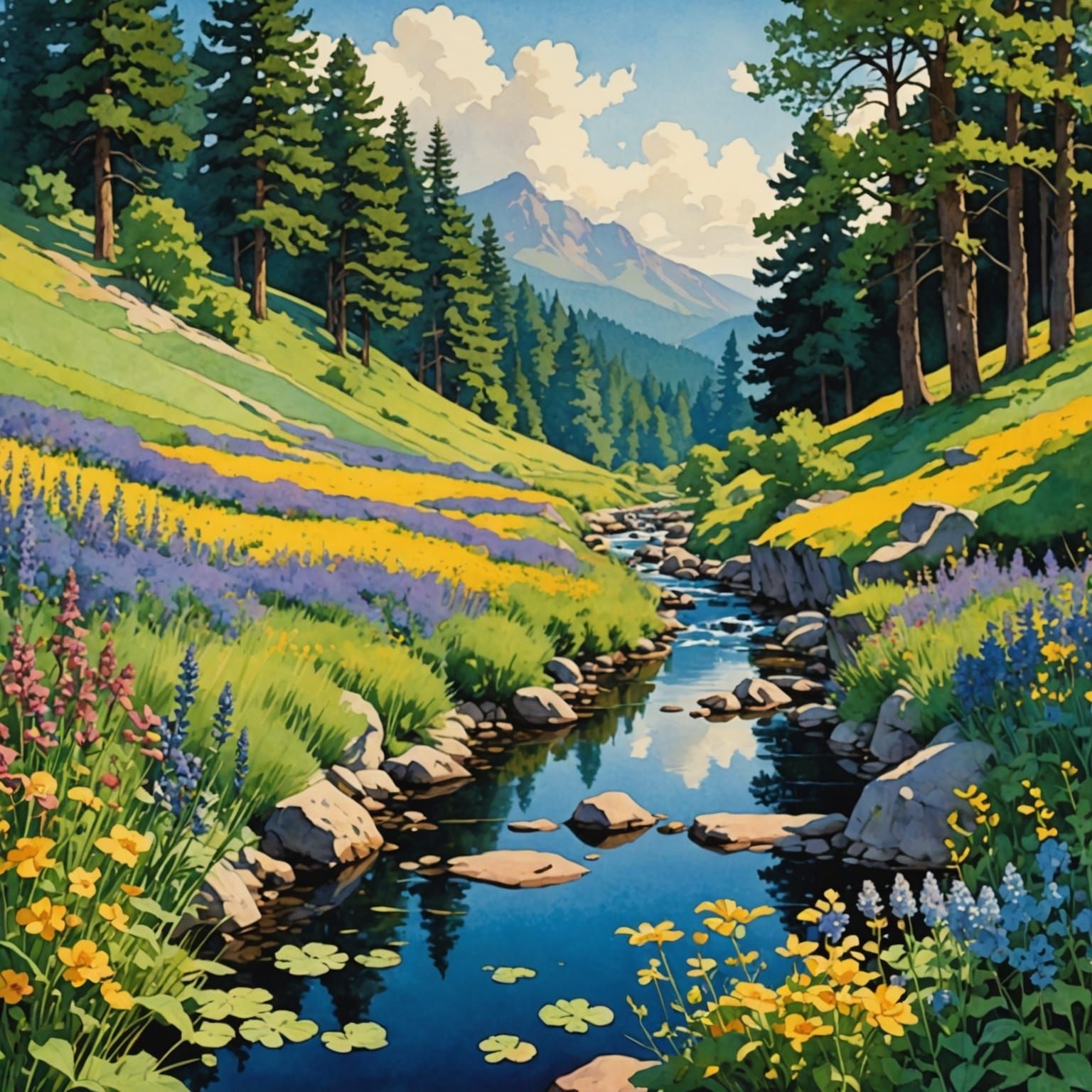 Wildflowers by a Stream: Watercolor Landscape