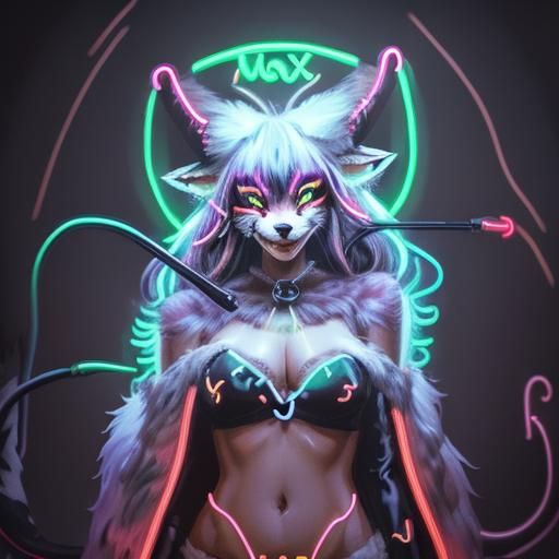 Neon Fox Girl with Horns in Disco Forest