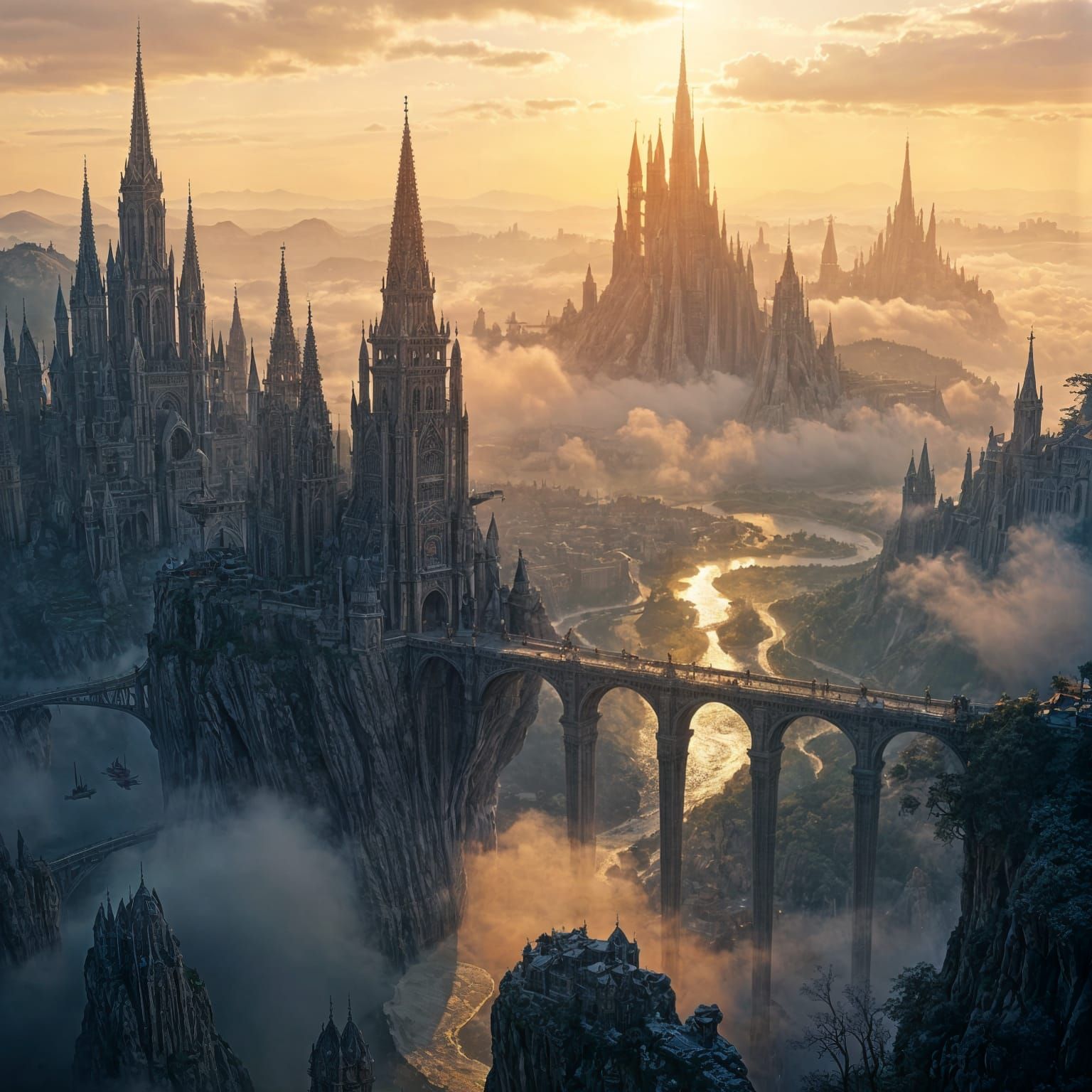 Mountain Cityscape at Dawn in Fantasy Style