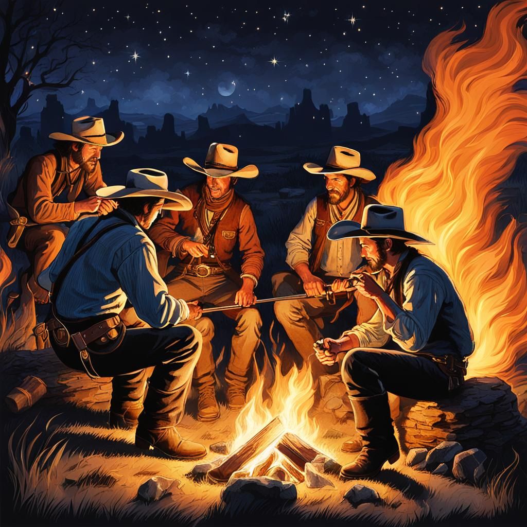 Cowboys Around Campfire at Night with Sparkles