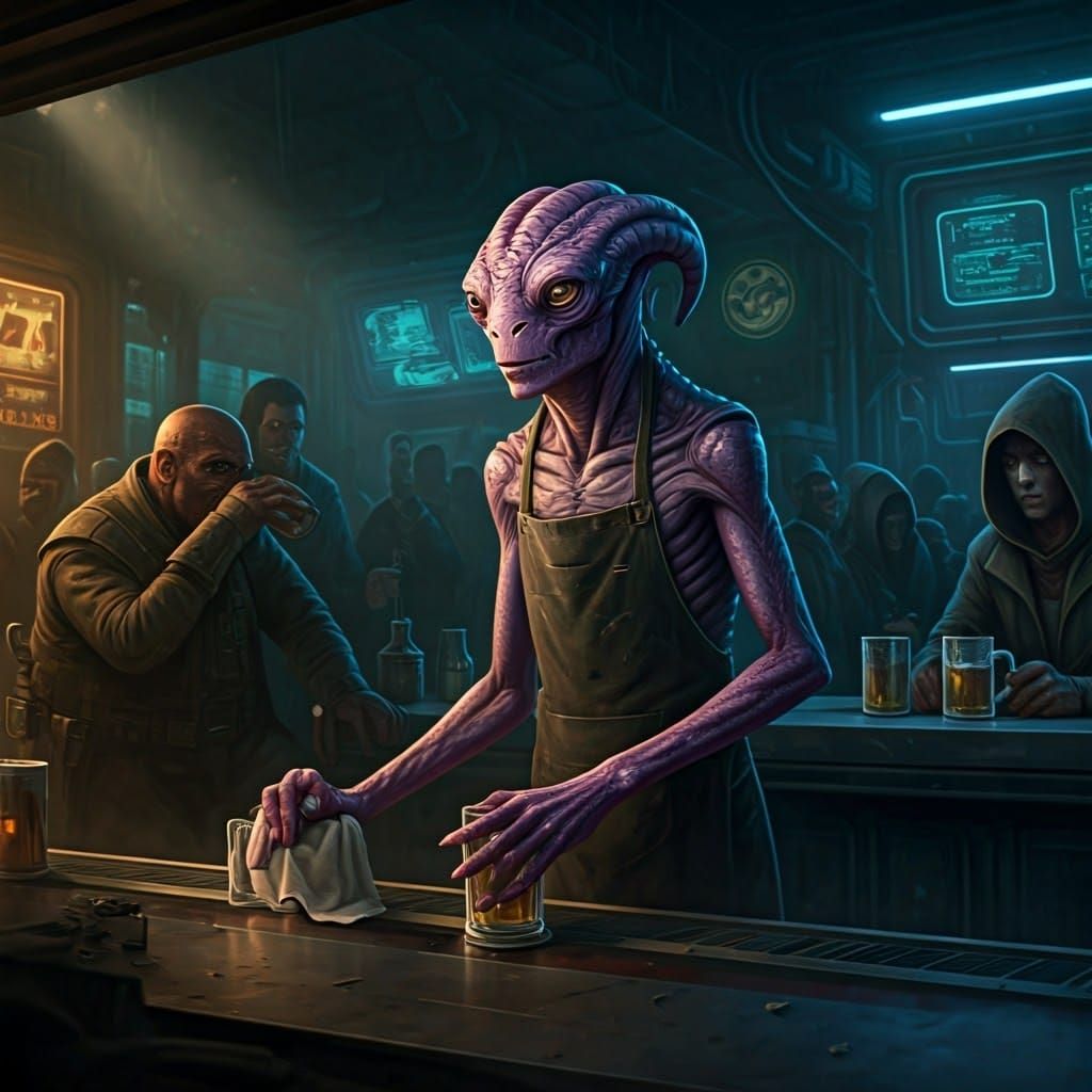 Cyberpunk Cantina Nightlife in Dimly Lit Ambiance