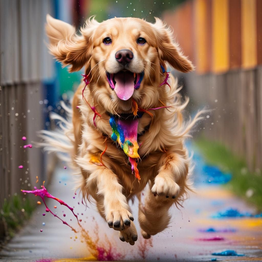 Golden Retriever Runs Through Wall of Color