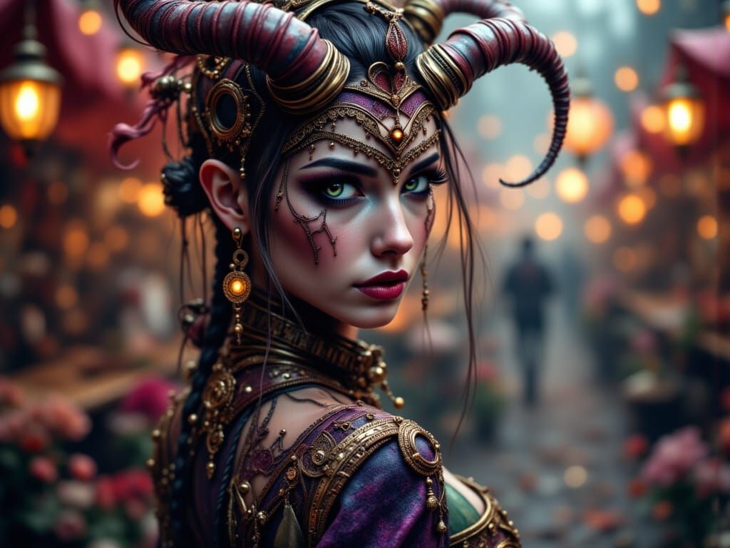 Tamed Demon Portrait in Magical Market, Art Nouveau Style