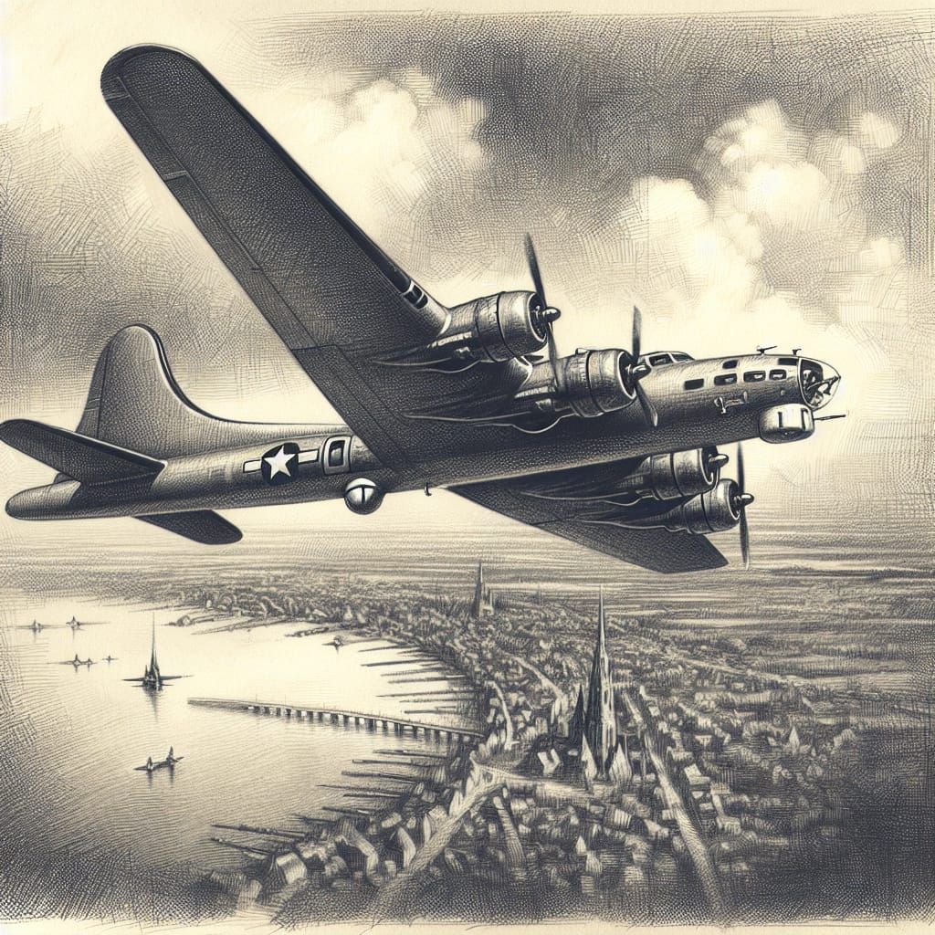 B-17 Flying Fortress Soaring Above Hamburg: Pencil Art