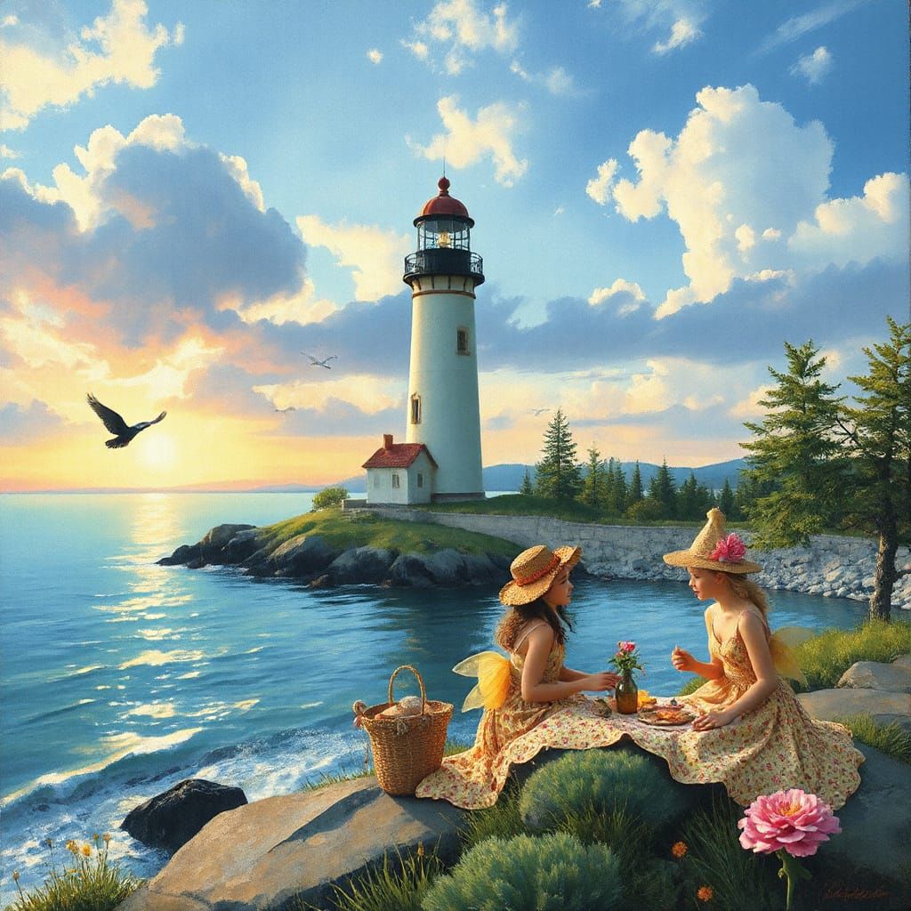 Fairies' Sunrise Picnic on Swedish Island, Gouache Impasto