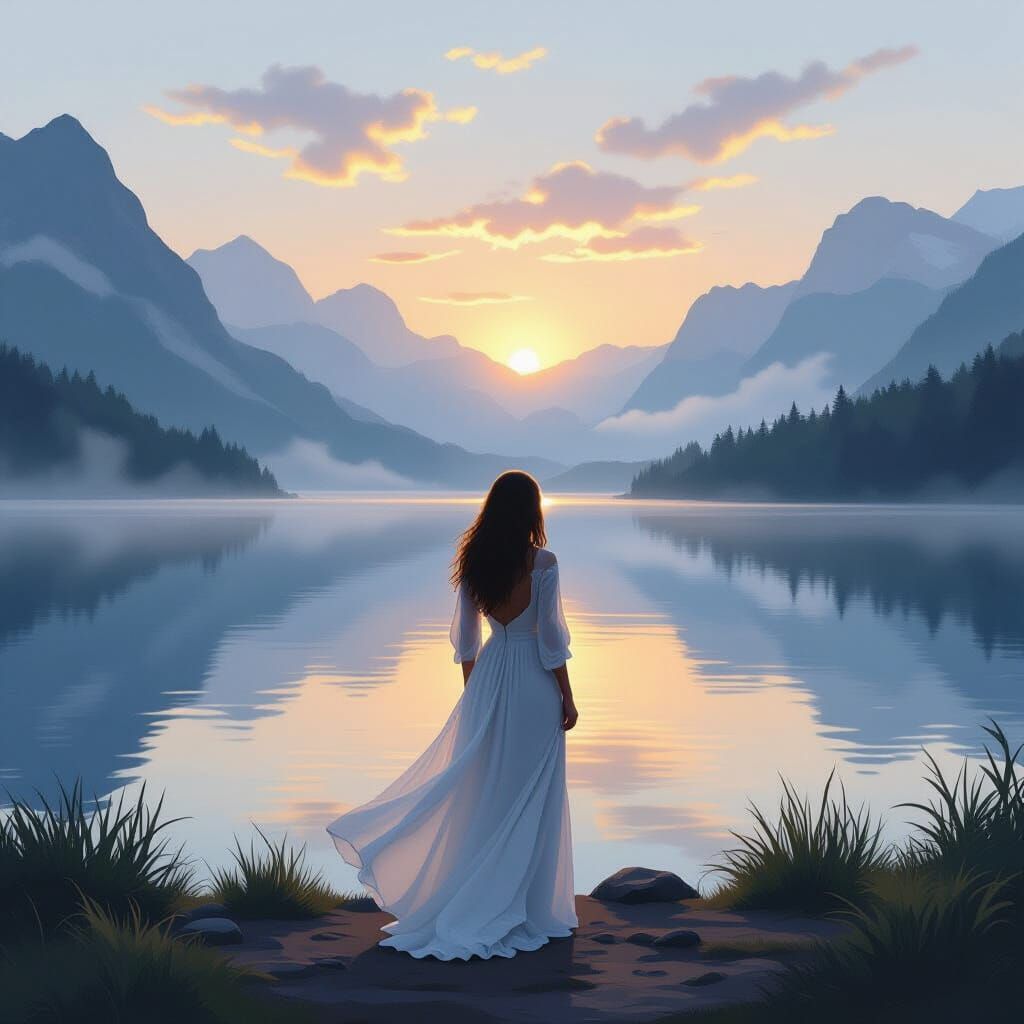 Woman by Lake at Sunrise in Landscape Art Style