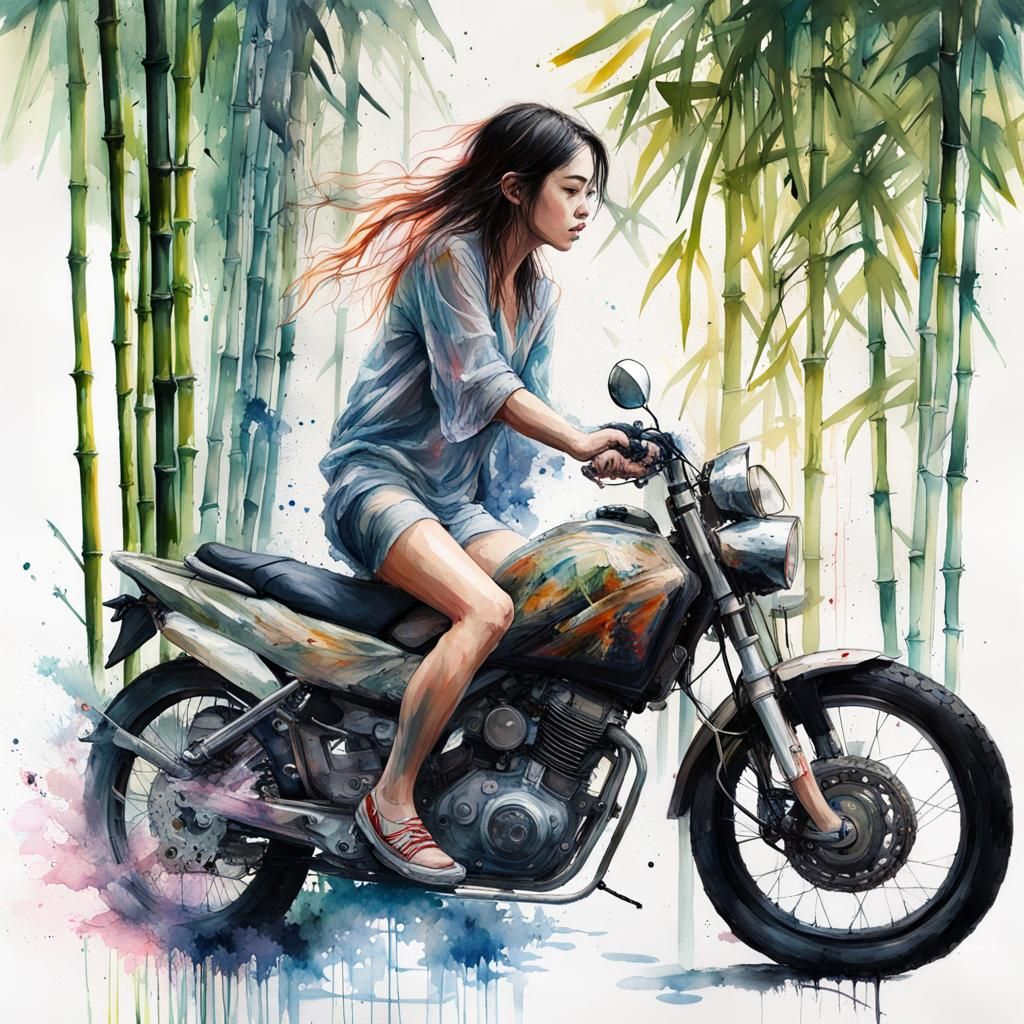 Girl on Motorcycle in Bamboo Grove: Watercolor Double Exposu...