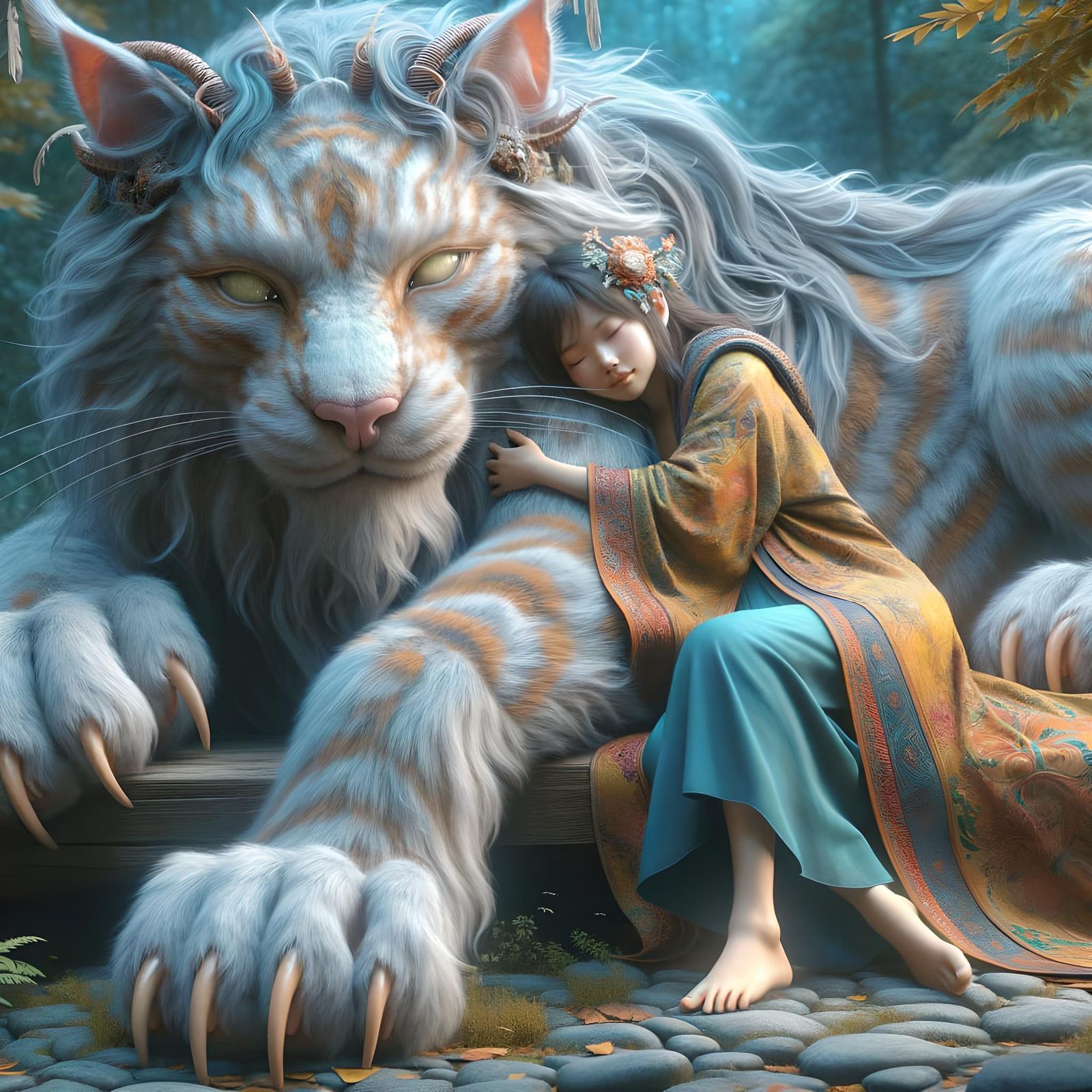 Asian Girl and Mythical Cat in Realism Style