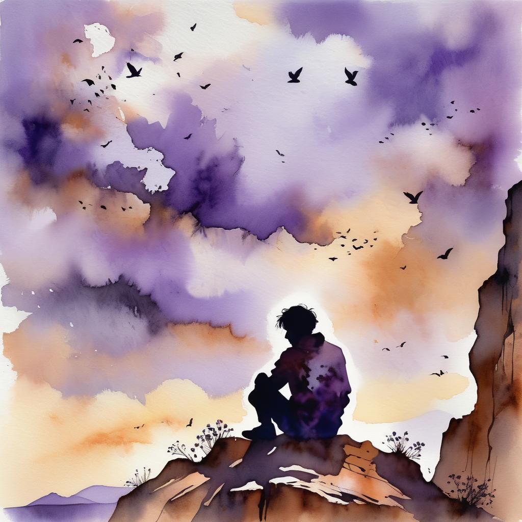 Rusted Figure Gazing at Birds in Watercolor Expressionism