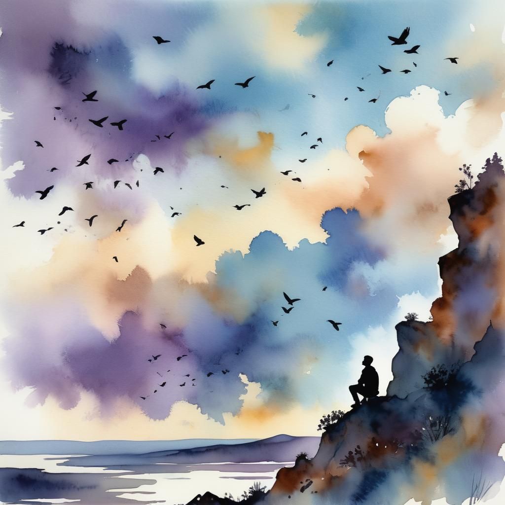 Rusted Figure Gazing at Birds in Watercolor Silhouette