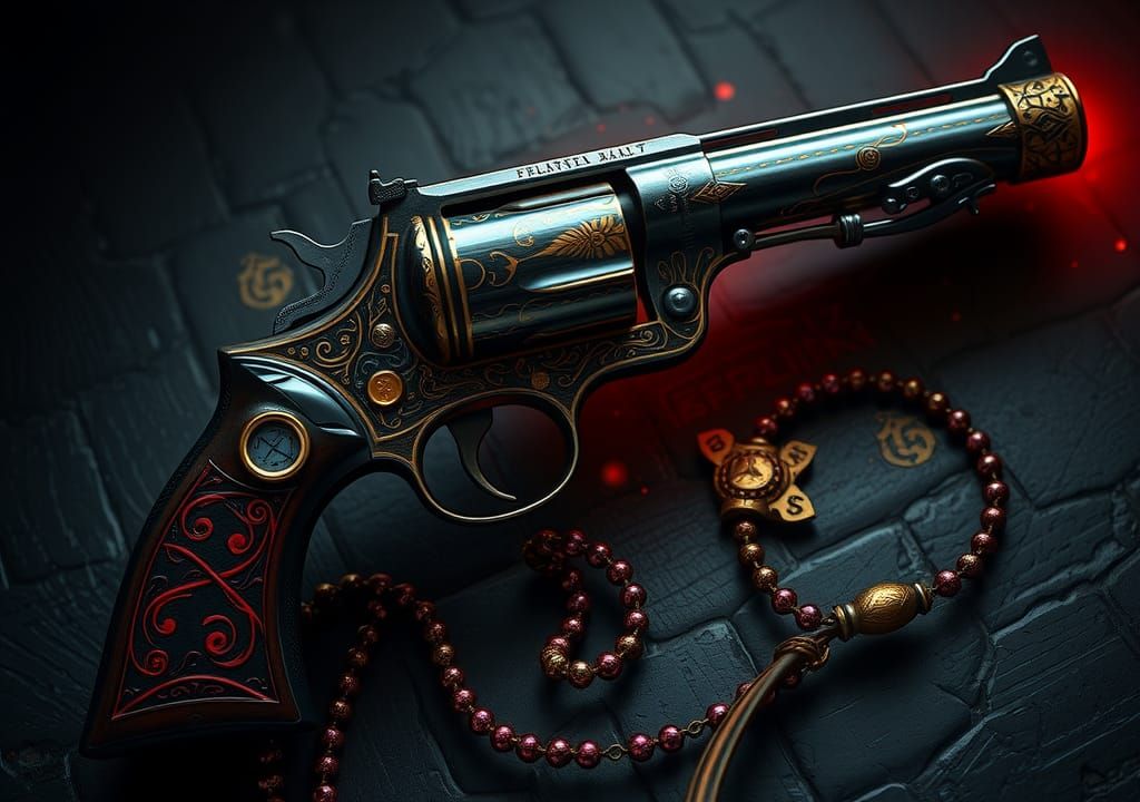 Ornate Revolver with Runes in Baroque Style