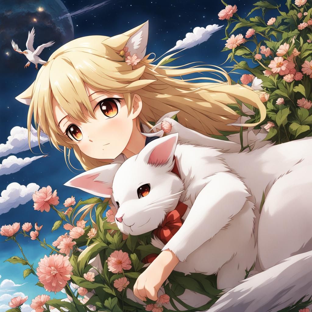 Tranquil Anime Scene: Cute Animals Sleeping on Clouds