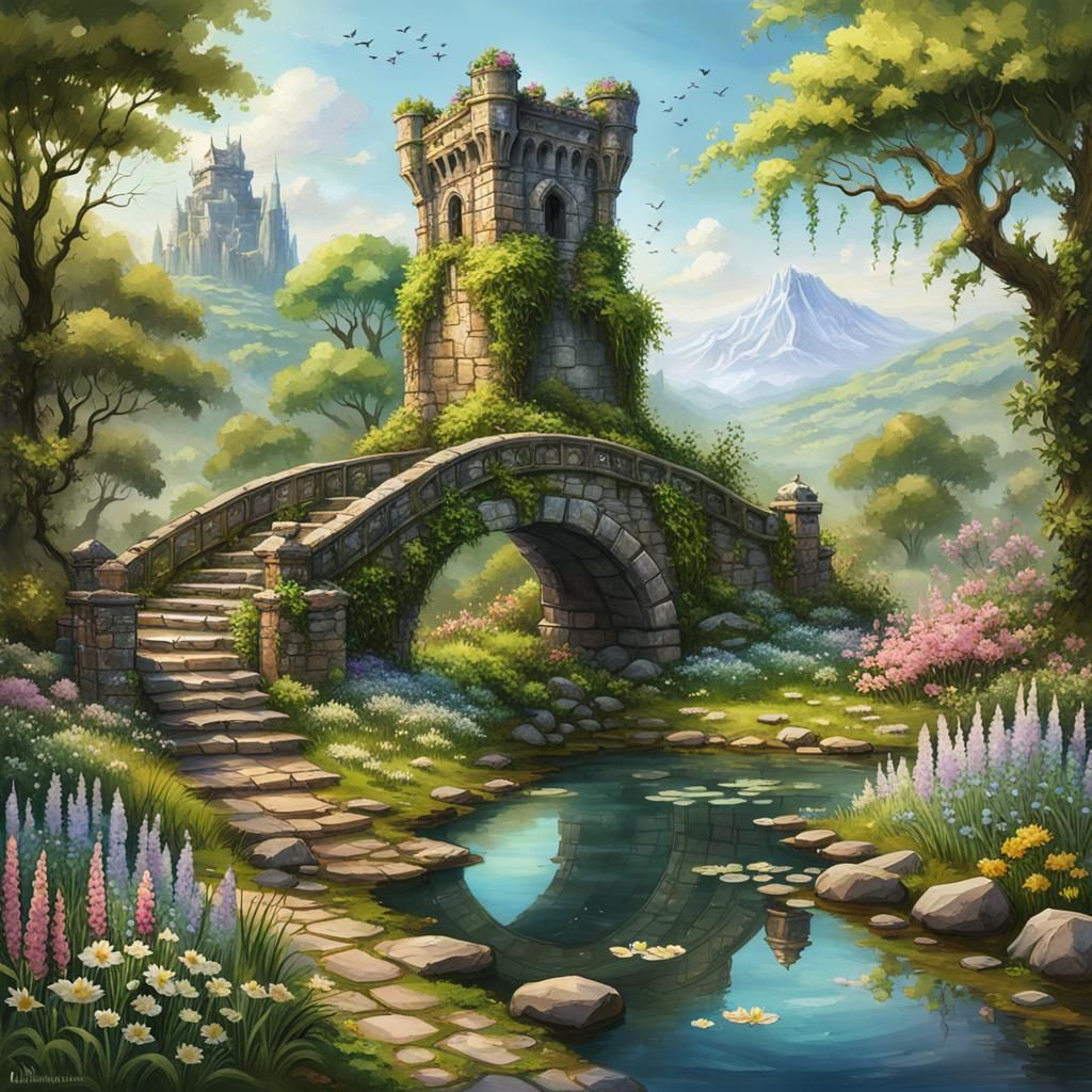 Weathered Stone Bridge to Fantasy Tower, Watercolor Art