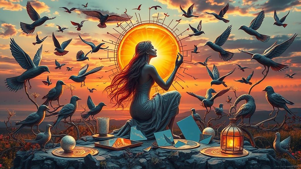 Surreal Sculpture of Woman with Cracked Mirrors