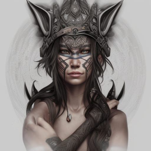Tribal Wolf Woman Portrait in Detailed Digital Art