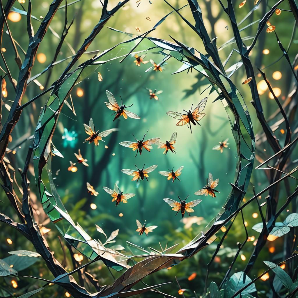 Cracked Mirror Reflects a Papercraft Forest