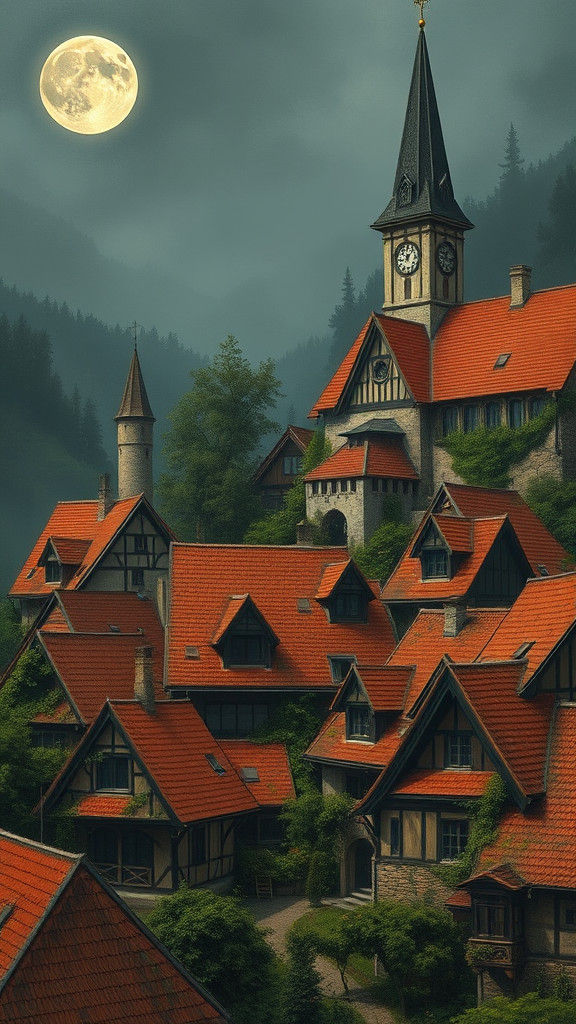 Medieval Carpathian Village Under Moonlight, Impasto Oil Pai...