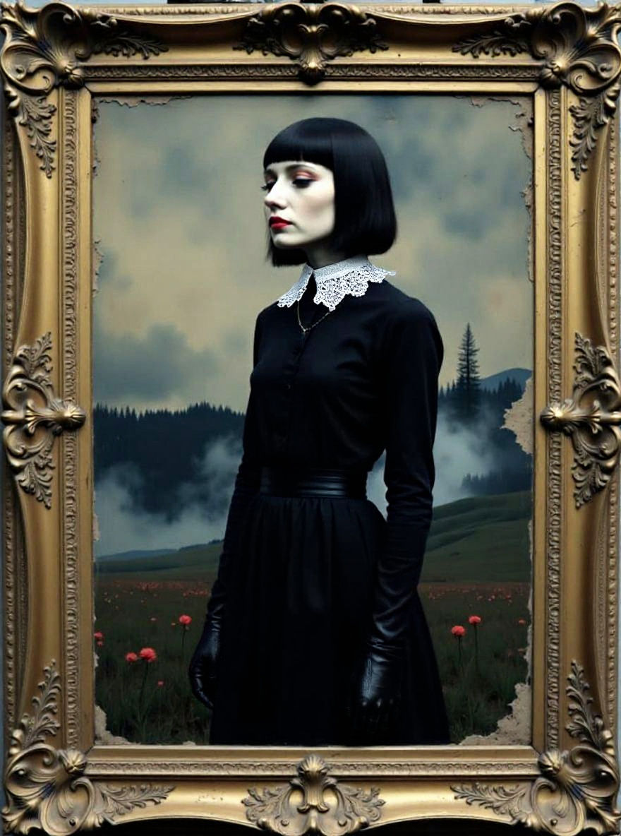 Goth Girl in Gilded Frame with Atmospheric Collage