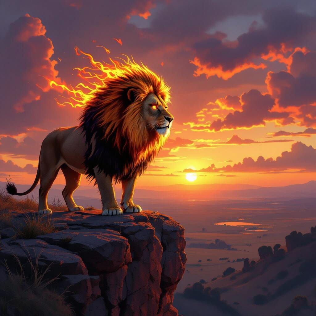 Fiery Lion Overlooking Savanna at Sunset