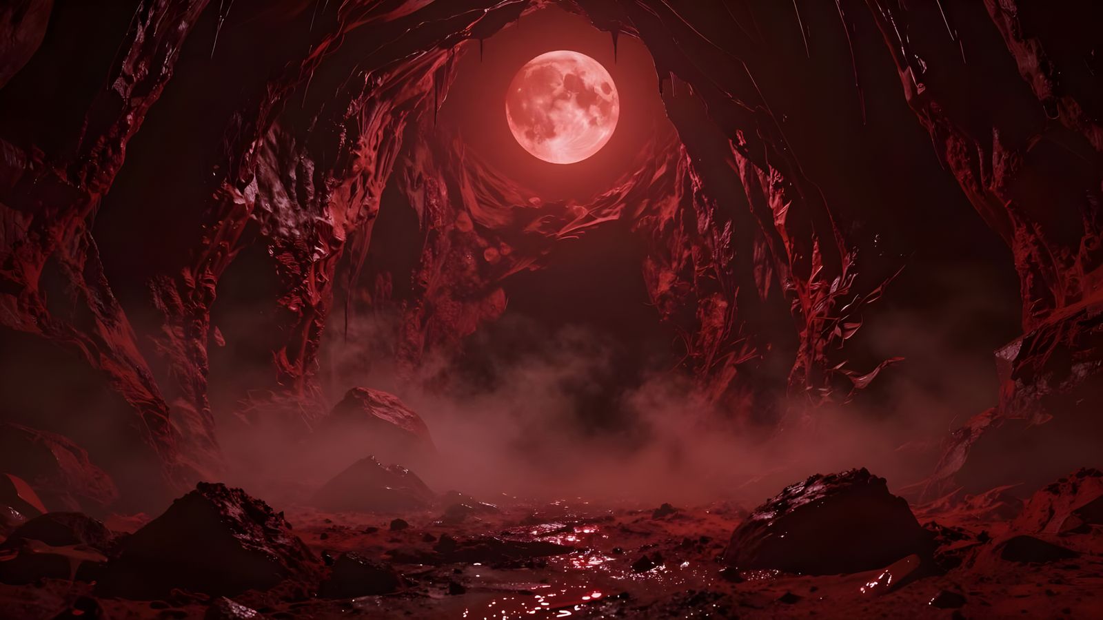 Monochromatic Red Underworld Cave in Beksinski Style