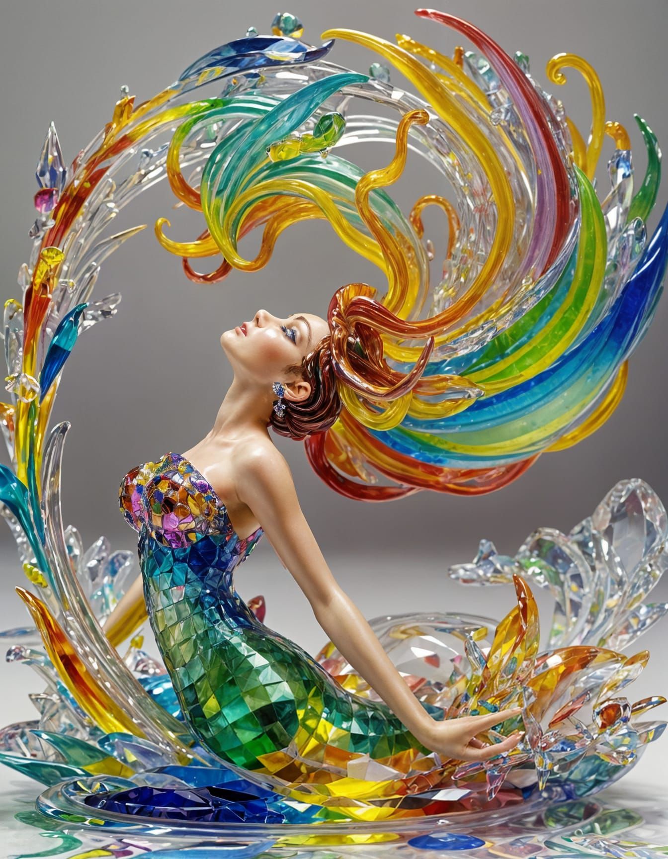 Rainbow Satyr Mermaid in Crystal Cubism Style