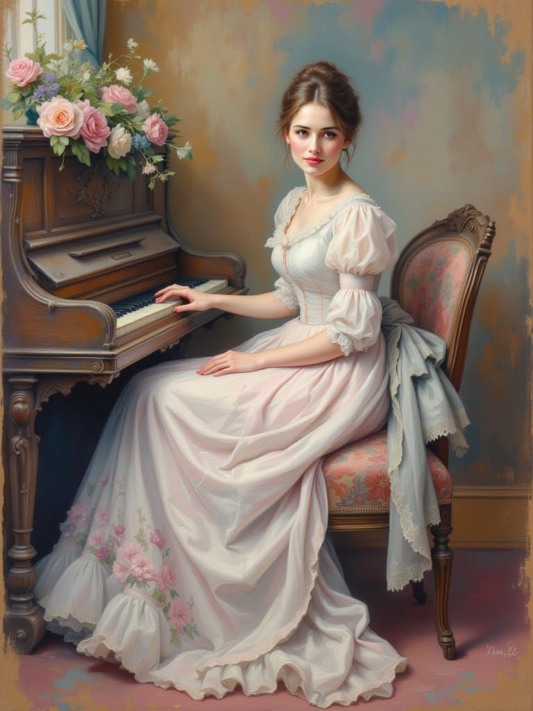 Victorian Woman Plays Piano in Pastel Style