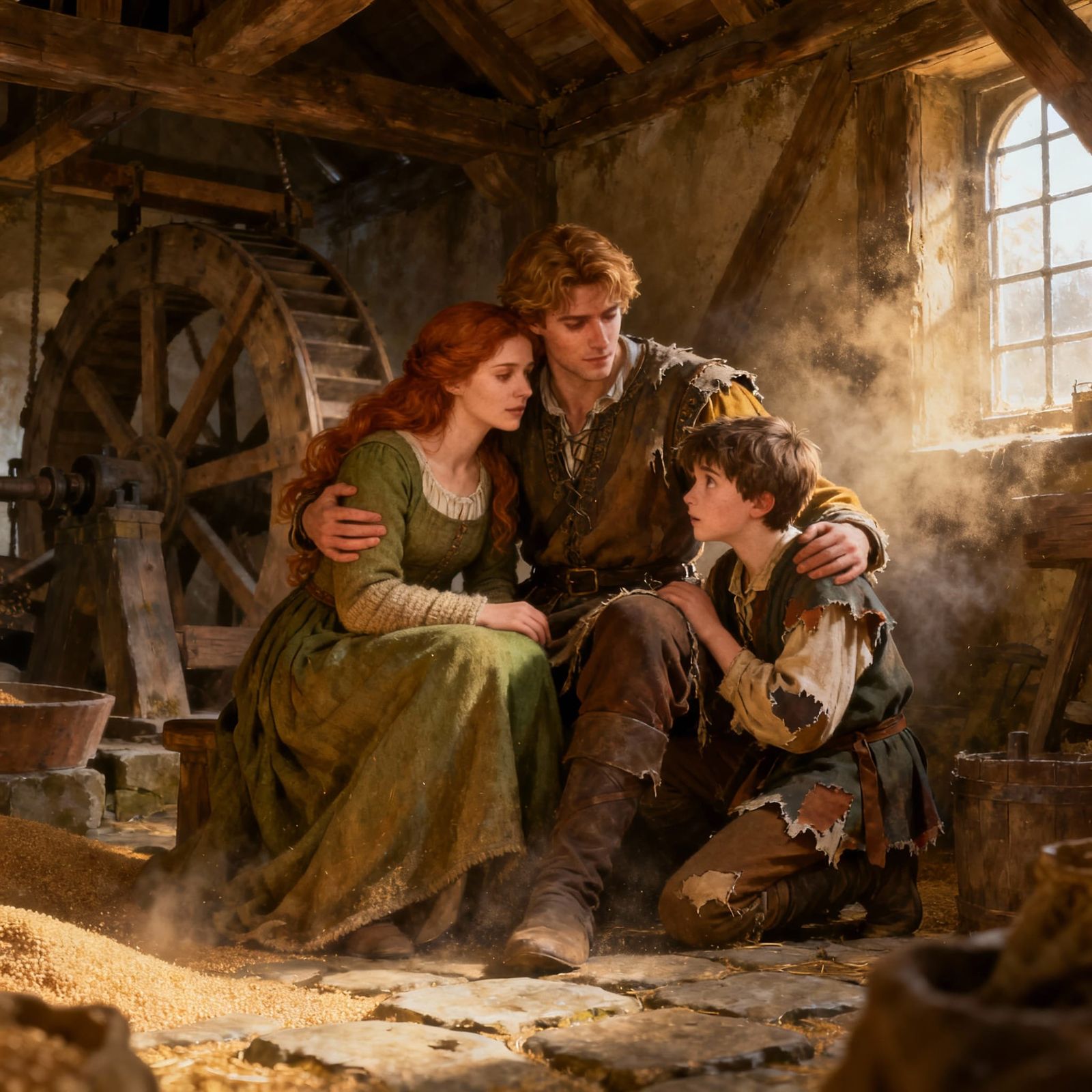 Medieval Lady, Prince, and Servant Find Shelter in Old Mill