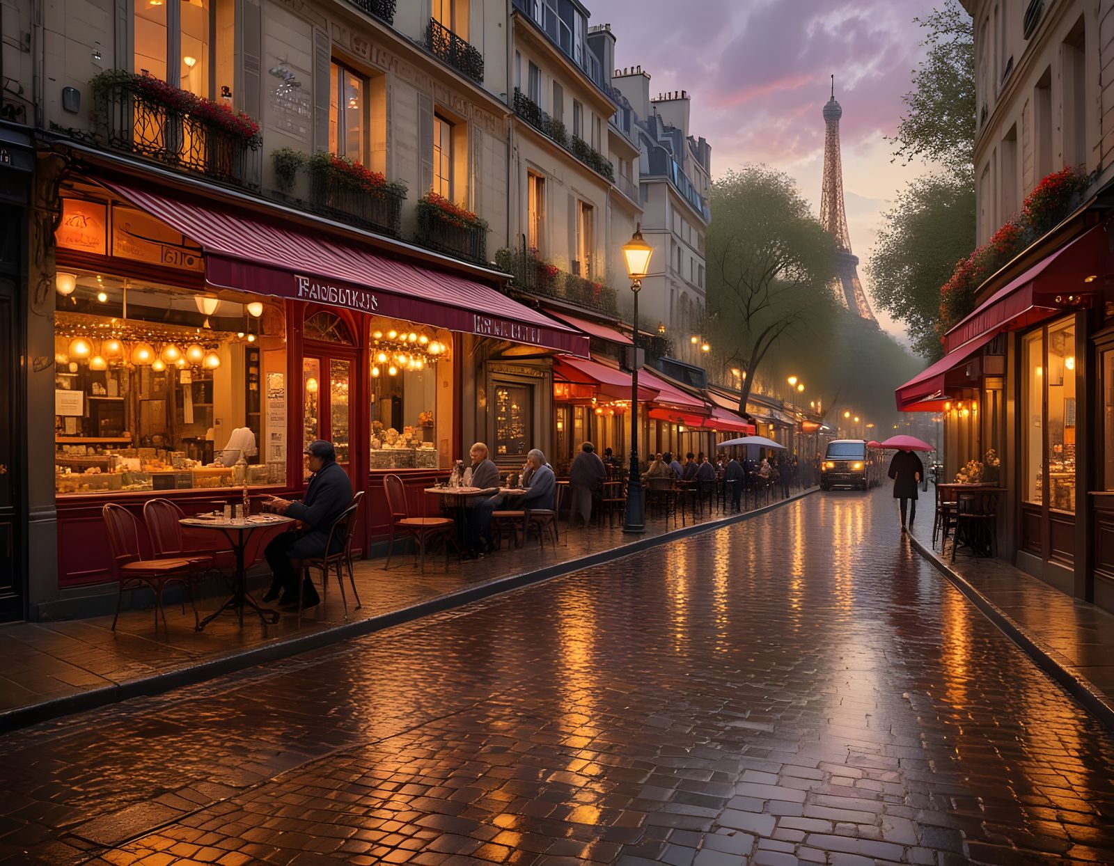 Rainy Parisian Evening with Flower Market in Impressionistic...
