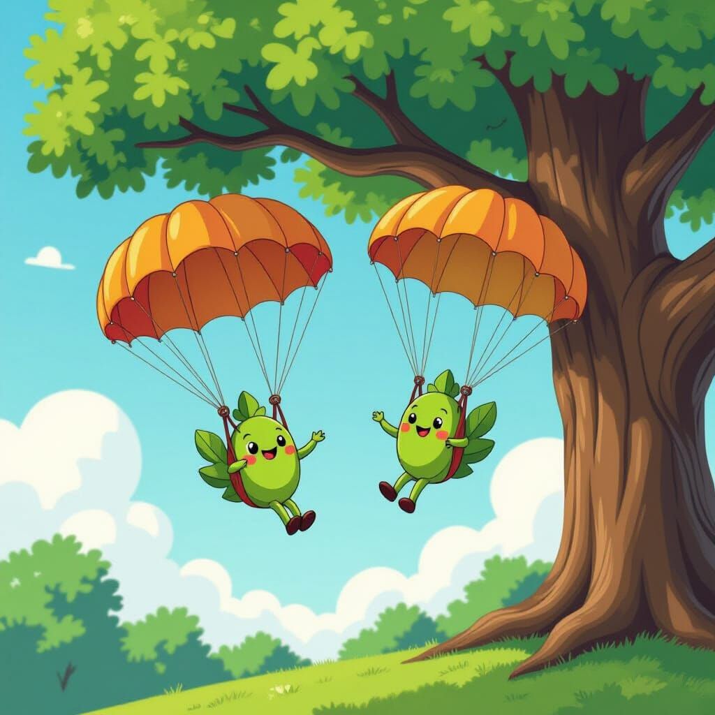 Whimsical Leaves Parachuting from Oak Tree in Cartoon Style
