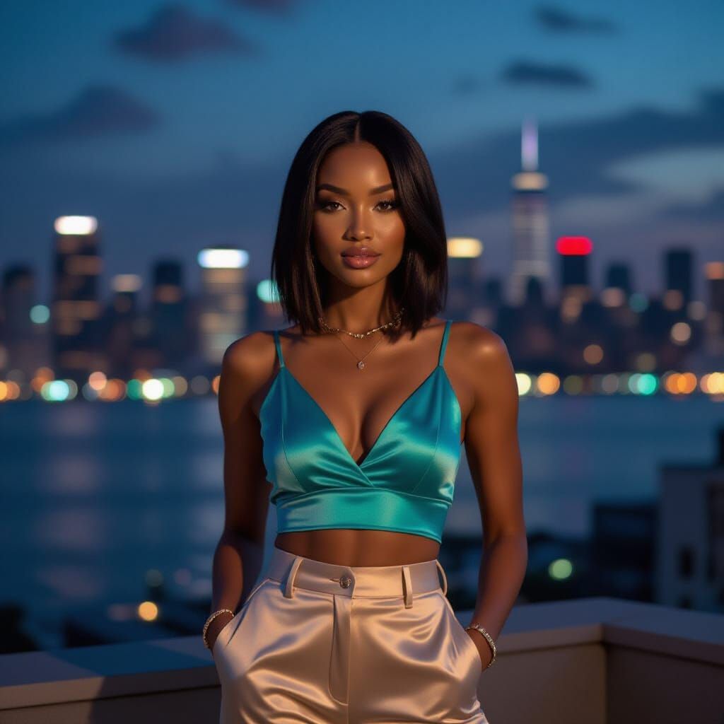 Chic Woman in Turquoise Silk Top Overlooking City
