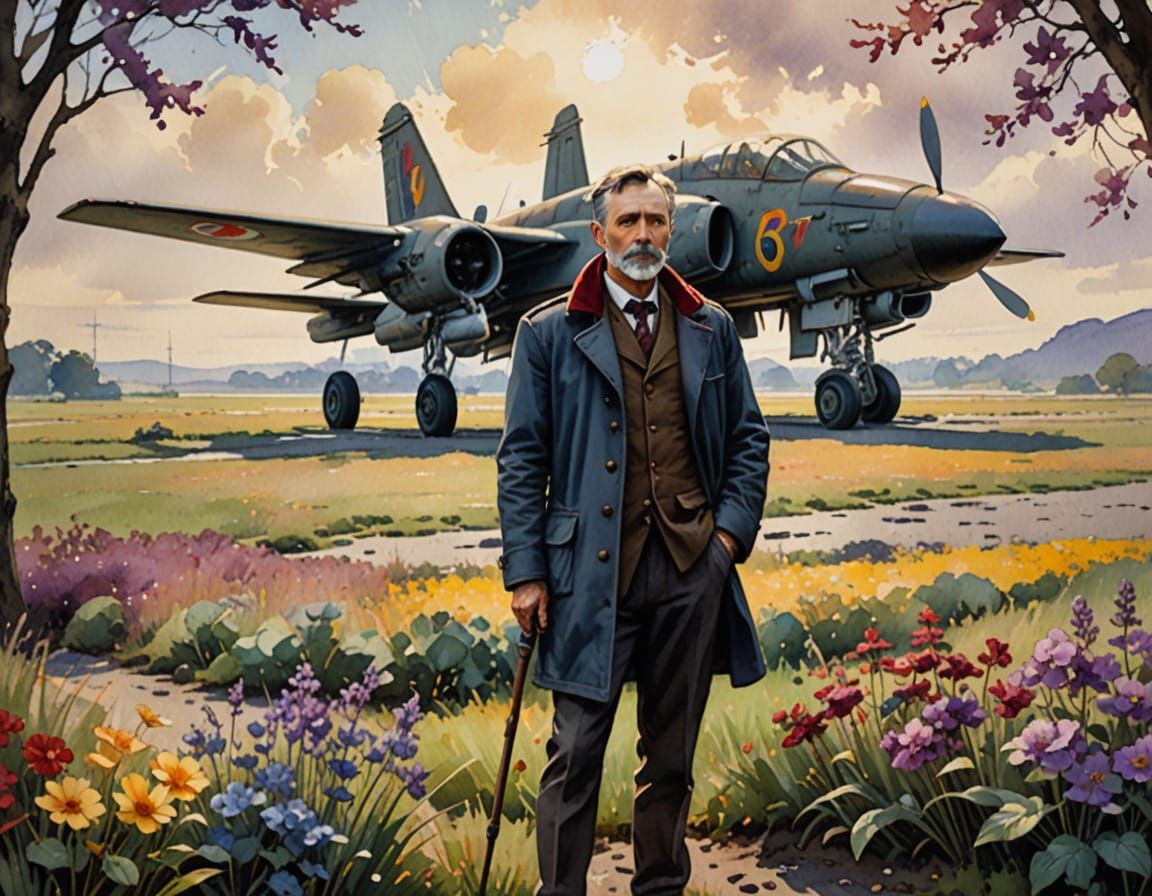 Elegant Art Nouveau Gentleman Amidst Vintage Warplanes
